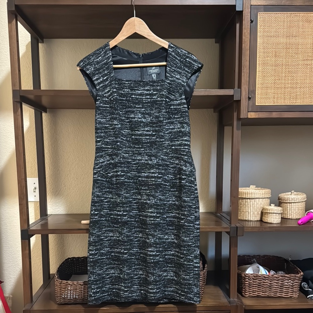 Adrianna Papell Black and Gray Sheath Dress with Square Neck